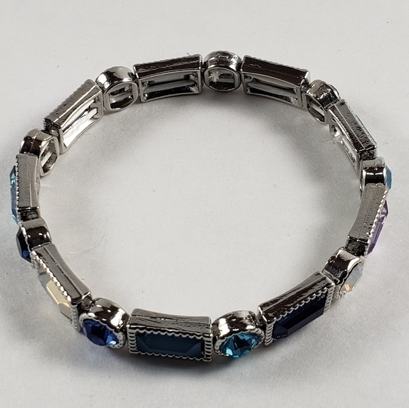 Colorful Crystal Geometric Stretch Bracelet Silver Dainty Rounds & Rectangles - Picture 7 of 10